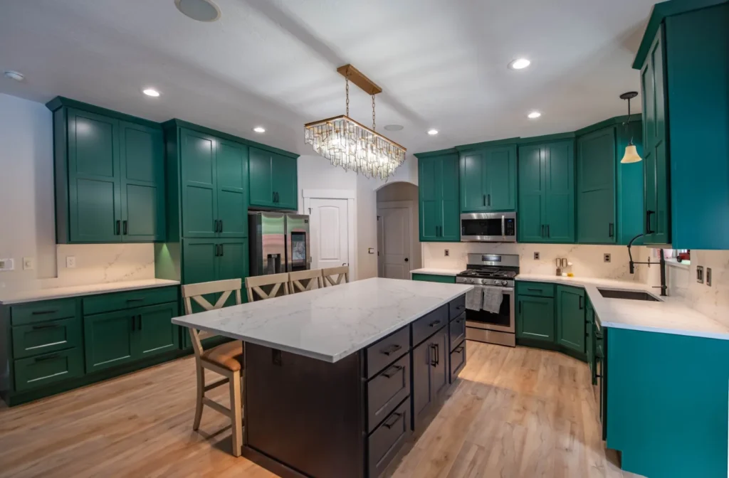 Morgan UT Rustic Alder Island & Green Shaker Cabinets